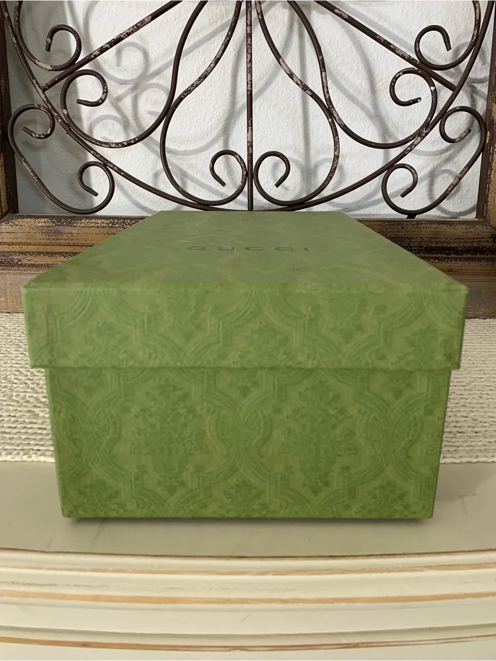 Authentic Gucci Olive Green Embossed Logo Empty Shoe Box, Gift Decor 14.5x8.5x25